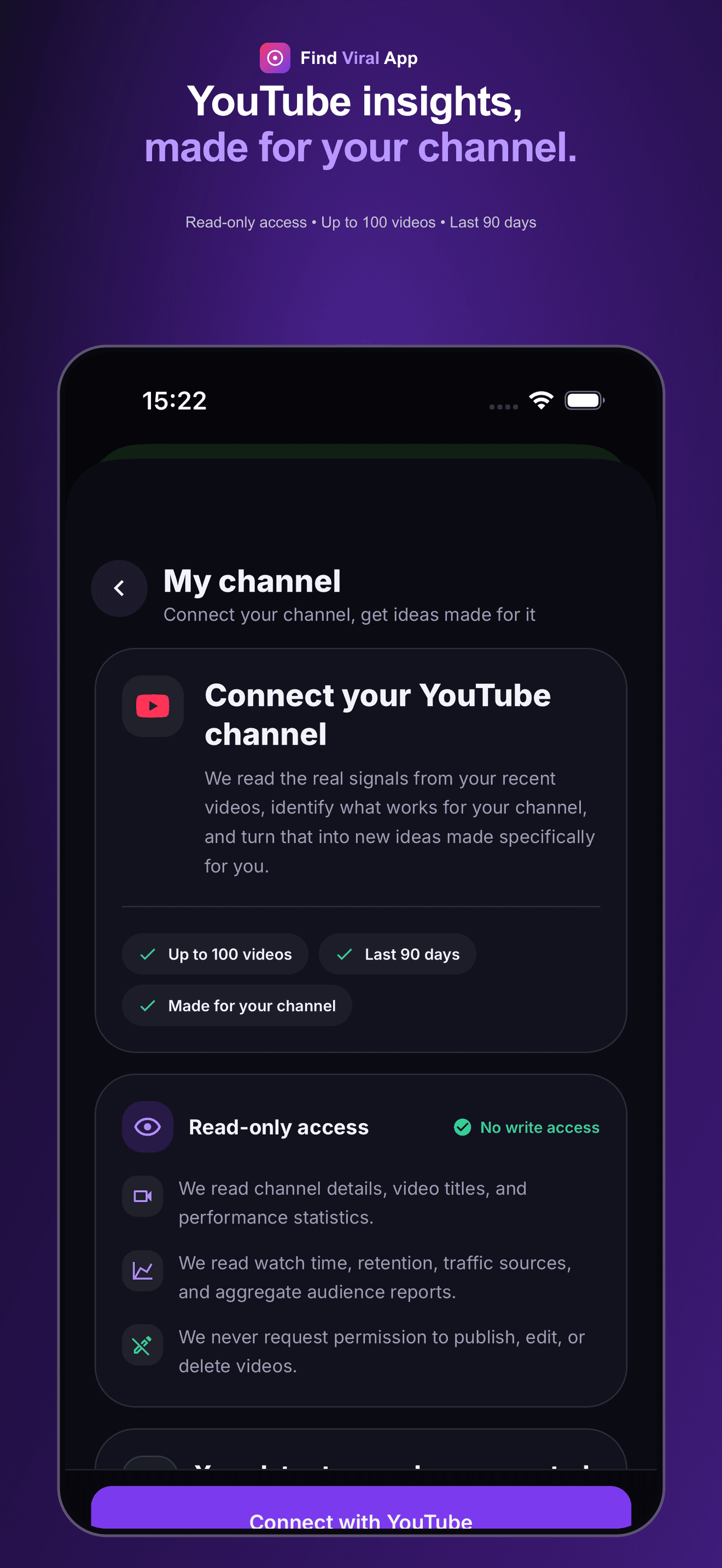 Find Viral App YouTube kanal analizi ve kişisel video fikirleri ekranı